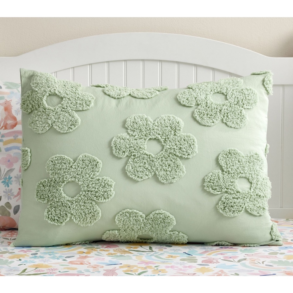 Pottery Barn Kids Sage Green Textured Daisy Jacquard Standard Pillow Sham